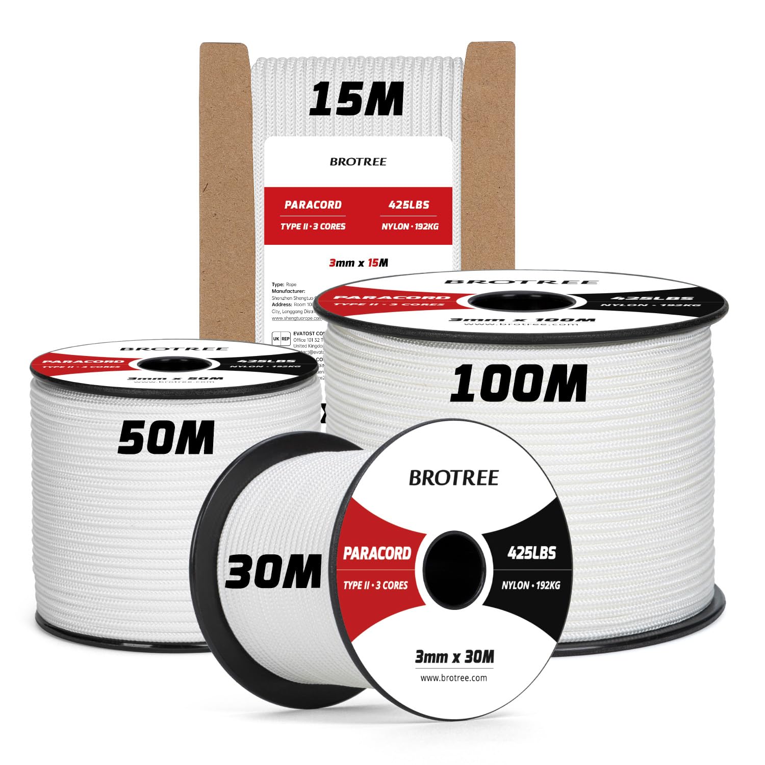 Brotree 3mm Paracord 425 100% Nylon 100M Rope 3 Strands Type II Parachute Cord for Outdoor, Craft, DIY - 192kg Breaking Load (White)