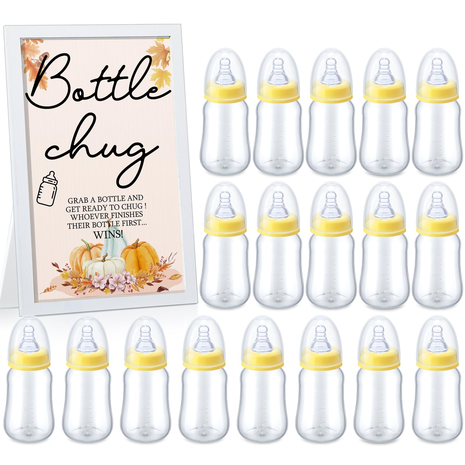 Photo 1 of Roowest Bottle Chug Baby Shower Game - Fall Pumpkin Theme, Wooden Sign and 18 Yellow Baby Bottles for Gender Reveal Party Supplies