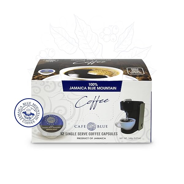 CAFE BLUE 100% JAMAICA BLUE MOUNTAIN COFFEE, MEDIUM ROAST, COFFEE PODS FOR HOT AND COLD BREW, 12 COUNT (PACK OF 1)