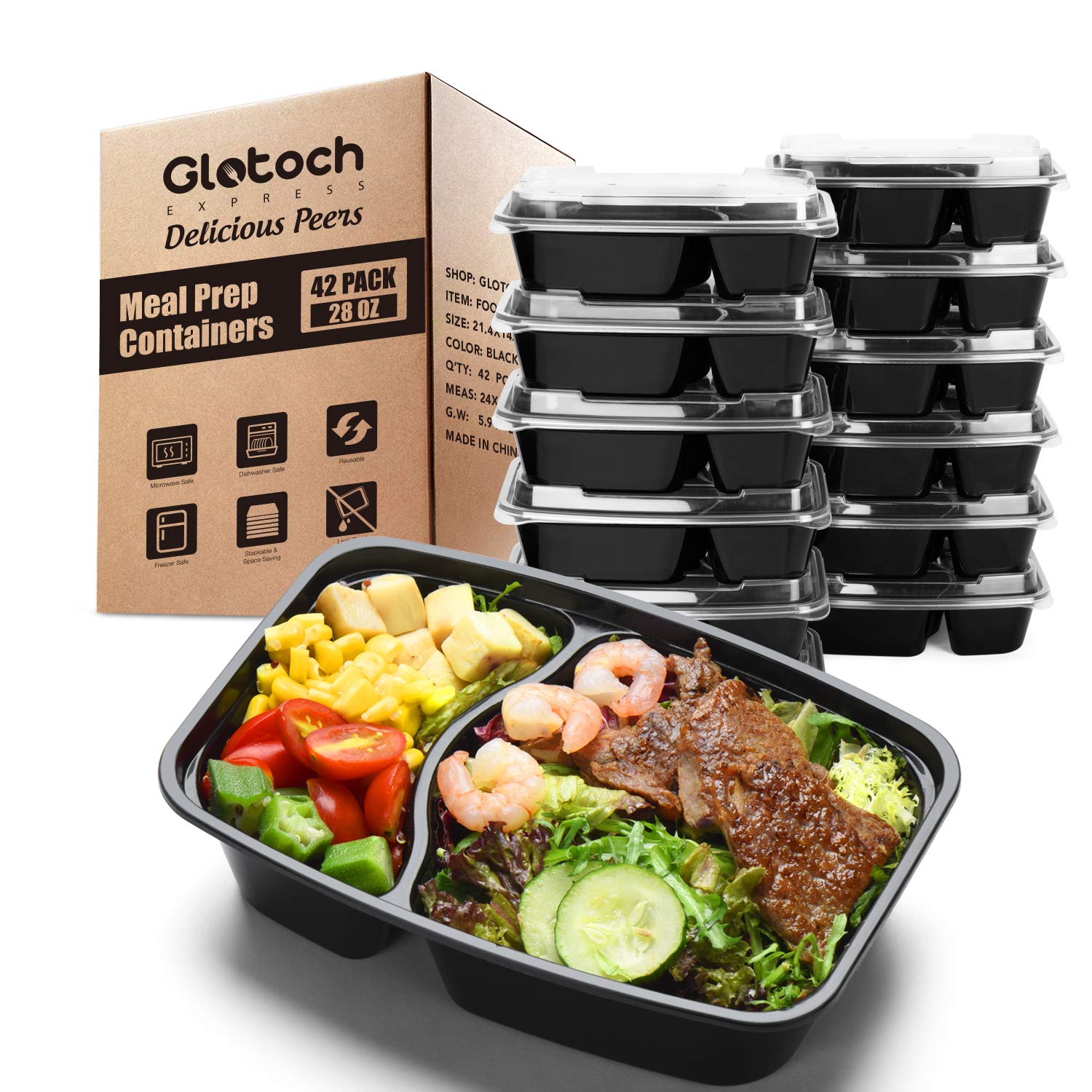 Glotoch 42 Pack, 28 OZ Dual Compartment Plastic Food Storage Containers Set with Lids - Microwave, Freezer & Dishwasher Safe - Eco-Friendly, BPA-Free, Reusable & Stackable