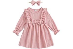 FishingDino Baby Girl Dress Spring Outfits 0-24 Months, Long Sleeve Baby Spring Dress with Headband, Toddler Newborn Dresses