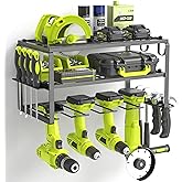 SUNALLY Power Tool Organizer, Heavy Duty Iron, 3 Layers Storage Rack with 4 Drill Holders, Floating Tool Shelf Wall Mounted, Matte Black, Work Shop, Garage, 150Lbs Load Capacity