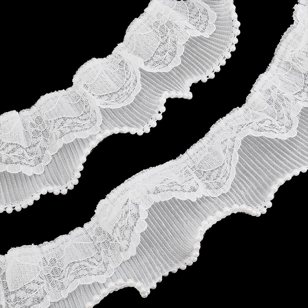 MAYJOYDIY 6.4m 6cm White Pearl Trim Lace Ribbon Imiation Pearls Beaded Lace Edge Trim Vintage Floral Flower Ribbon Chinlon Ruffles for Wedding Decor Bridal Dress Clothing Curtains DIY Crafts
