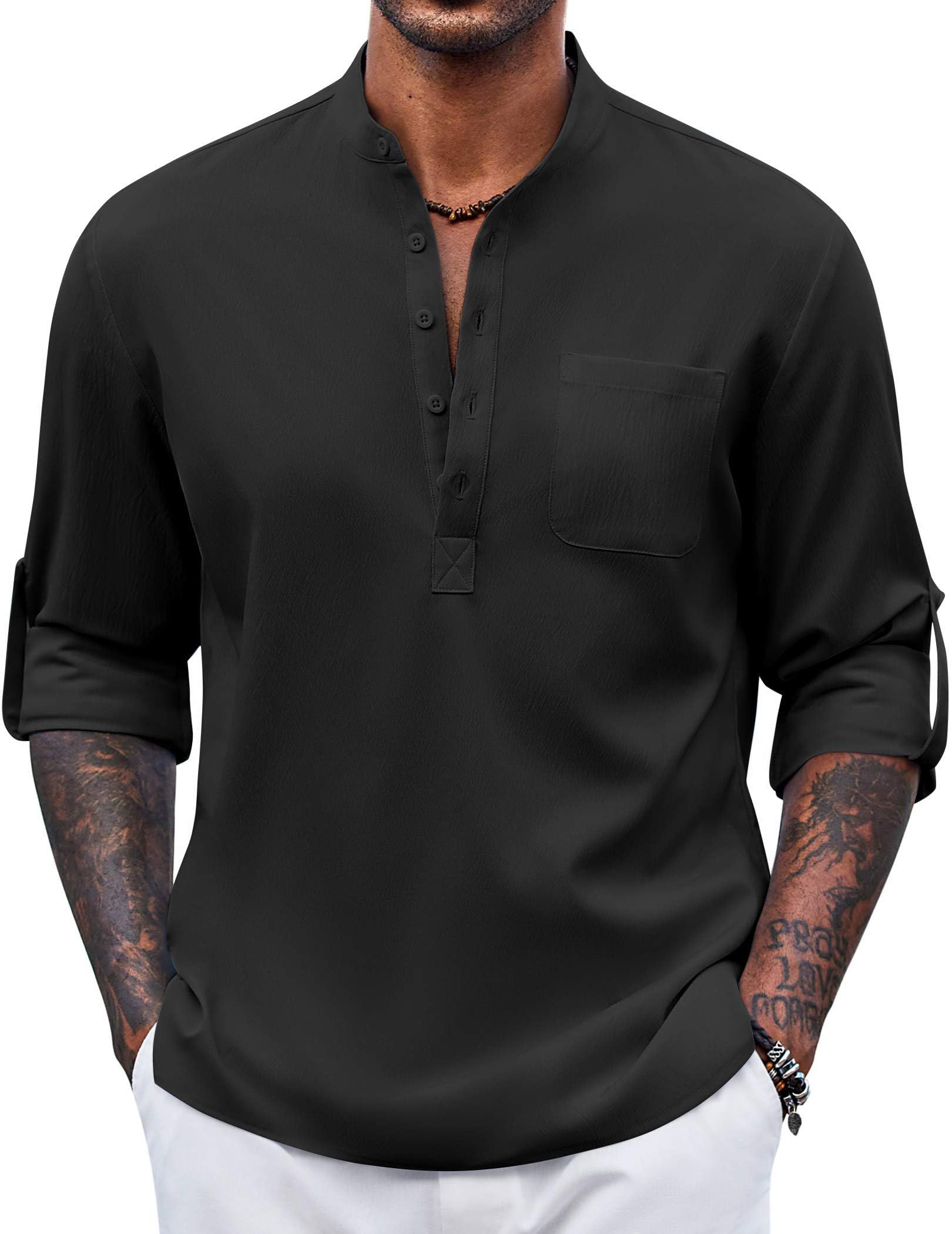 Photo 1 of COOFANDY Men's Linen Henley Shirt Long Sleeve Casual Summer Beach Hippie T Shirts Black