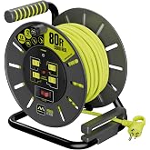Masterplug 80ft Cord Reel, Retractable Extension Lead with Winding Handle, Safety Overload Circuit Breaker and Power Switch, 4X Grounded Outlets, 13amps, 14AWG Cable