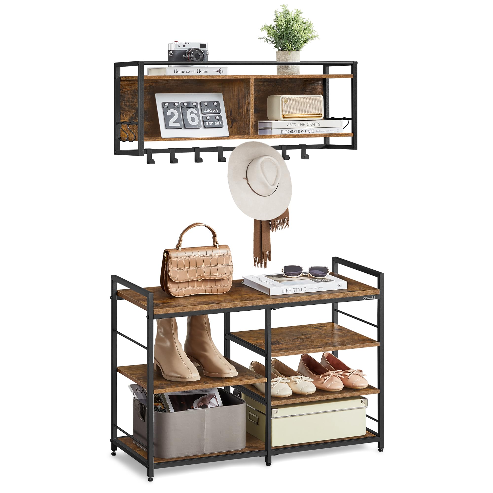 VASAGLE Hall Tree with Shoe Bench, Coat Rack Shoe Bench Set, Entryway Furniture, Multifunctional, 12 Metal Hooks, 4-Tier Shoe Rack, for Entryway, Bedroom, Rustic Brow ULSB107K01 Image