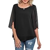 Neineiwu Womens Casual Scoop Neck Loose Top 3/4 Sleeve Chiffon Blouse Shirt Tops (Black XXL)