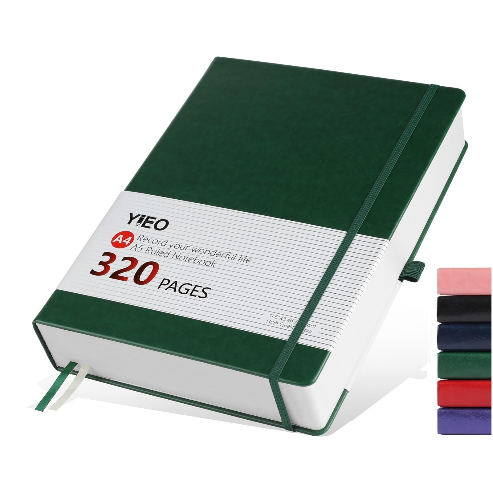 Notebook A4, Thick A4 Notebook Hardback Journal Notebook 320 Pages 100GSM A4 Lined Note Book, Extra Large Hardcover Notepad with Inner Pocket, Pen Loop, and 2 Ribbon Page Marker, 21.5 x 27.9cm-Green