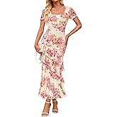 ZESICA Women's Summer Floral Bodycon Maxi Dress 2026 Square Neck Mesh Ruffle Elegant Cocktail Wedding Party Long Dresses