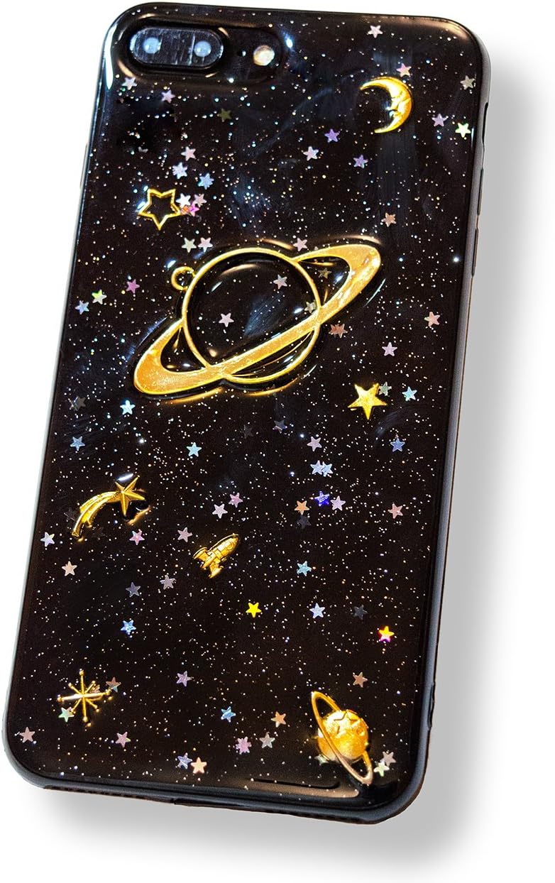 iPhone 6 Plus Case iPhone 6s Plus Case Glitter Star Sparkle Bling, Sparkling Star Galaxy Moon Sparkling Sparkly Saturn, Black Slim Soft Case, For Protection, Gift, Decoration (iPhone 6/6s Plus)
