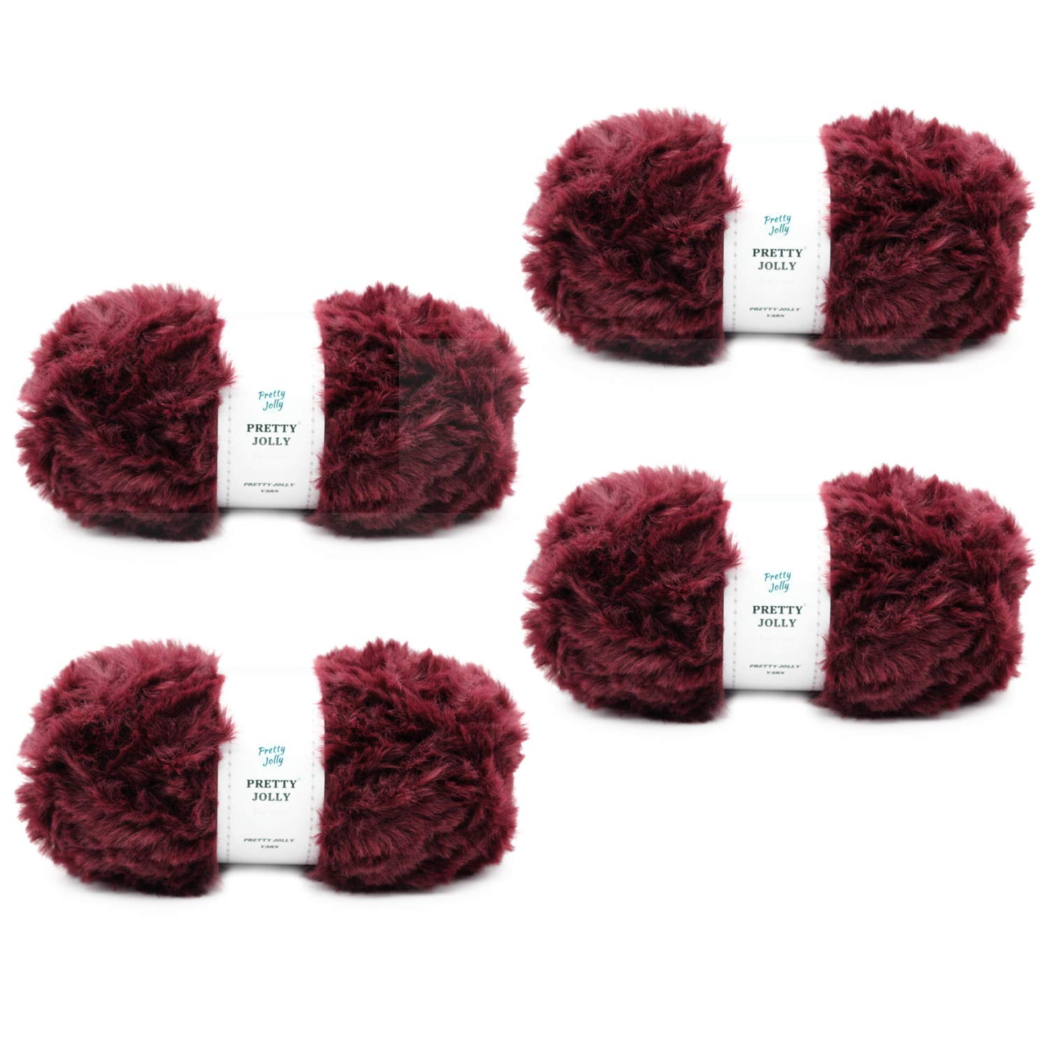Pretty Jolly 4 Balls Faux Fur Super Soft Chunky Fluffy Eyelash Polyester Yarn - Wine Red