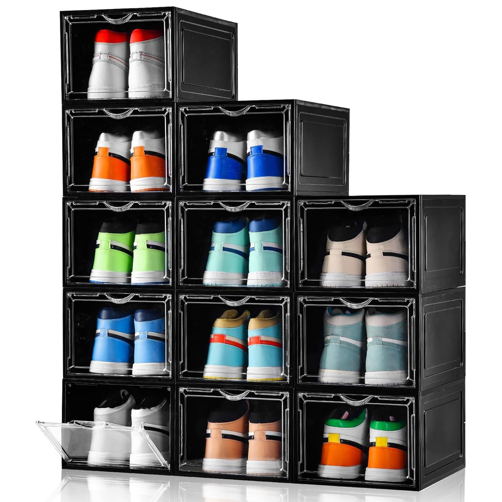 Photo 1 of Clemate Upgraded X-Large Shoe Storage Box,12 Pack,Shoe Box Clear Plastic Stackable,Drop Front Shoe Box with Clear Door,Shoe Organizer Containers For Sneaker Display,Fit up to US Size13, Black