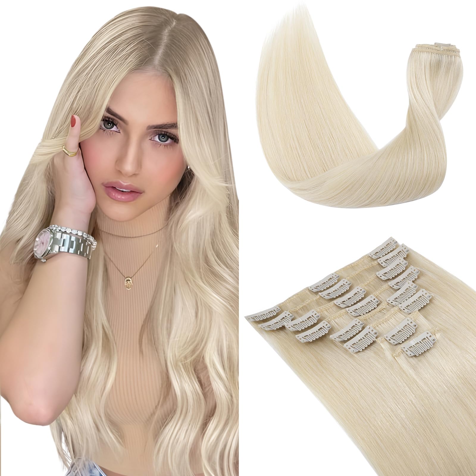 Elailite Hair Extension Real Human Hair Blonde Clip in Remy Natural Hair - 8 Pieces (Thin Weft) Full Head Straight - #60 Platinum Blonde - 10 Inch (50 g) — image 1