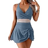 Aidonger Women One Piece Swimsuit V Neck Swimdress Color Block Bathing Suit Skirt Tummy Control Tie Back Swim Dress