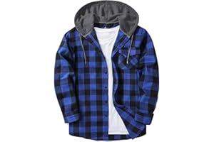 Flannel Shirts for Men Button Down Plaid Shirt Long Sleeve Hooded Tops Lightweight Fall Jacket Color Block Hoodies