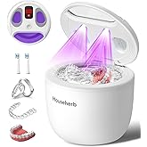 Househerb Ultrasonic Retainer Cleaner, Dental Cleaning Pod for Denture, Mouth Guard, Aligner, Night Guard, Braces, Toothbrush Heads, Jewelry, 45kHz Retainer Cleaner Machine with Digital Timer & 200ML