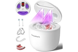 Househerb Ultrasonic Retainer Cleaner, Dental Cleaning Pod for Denture, Mouth Guard, Aligner, Night Guard, Braces, Toothbrush Heads, Jewelry, 45kHz Retainer Cleaner Machine with Digital Timer & 200ML