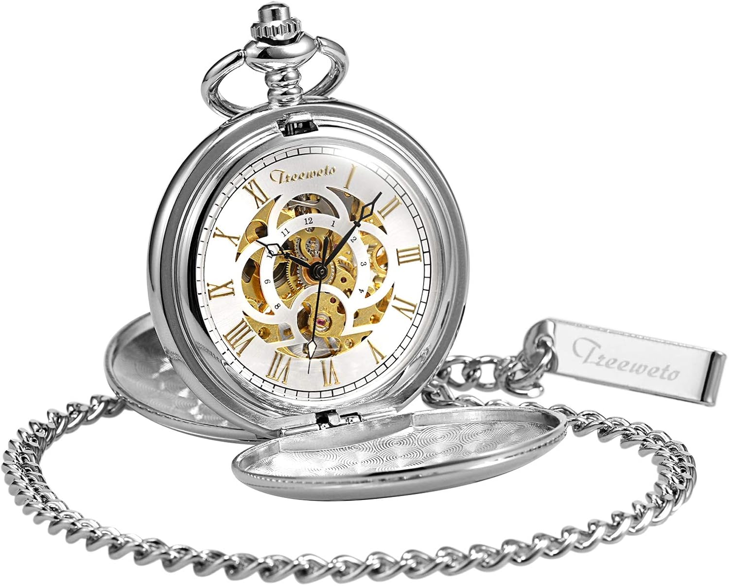 TREEWETO Pocket Watch Classic Smooth Double Case Mechanical Pocket Watches Steampunk Roman Numerals Fob Watch for Men Women with Chain + Gift Box - Image 4