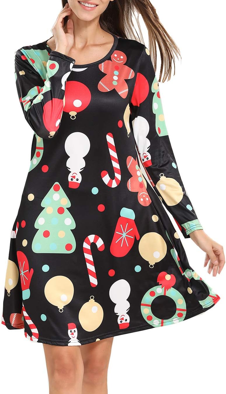 Dutebare Women Christmas Long Sleeve Dress Santa Claus Flowy A-Line Tunic Dresses