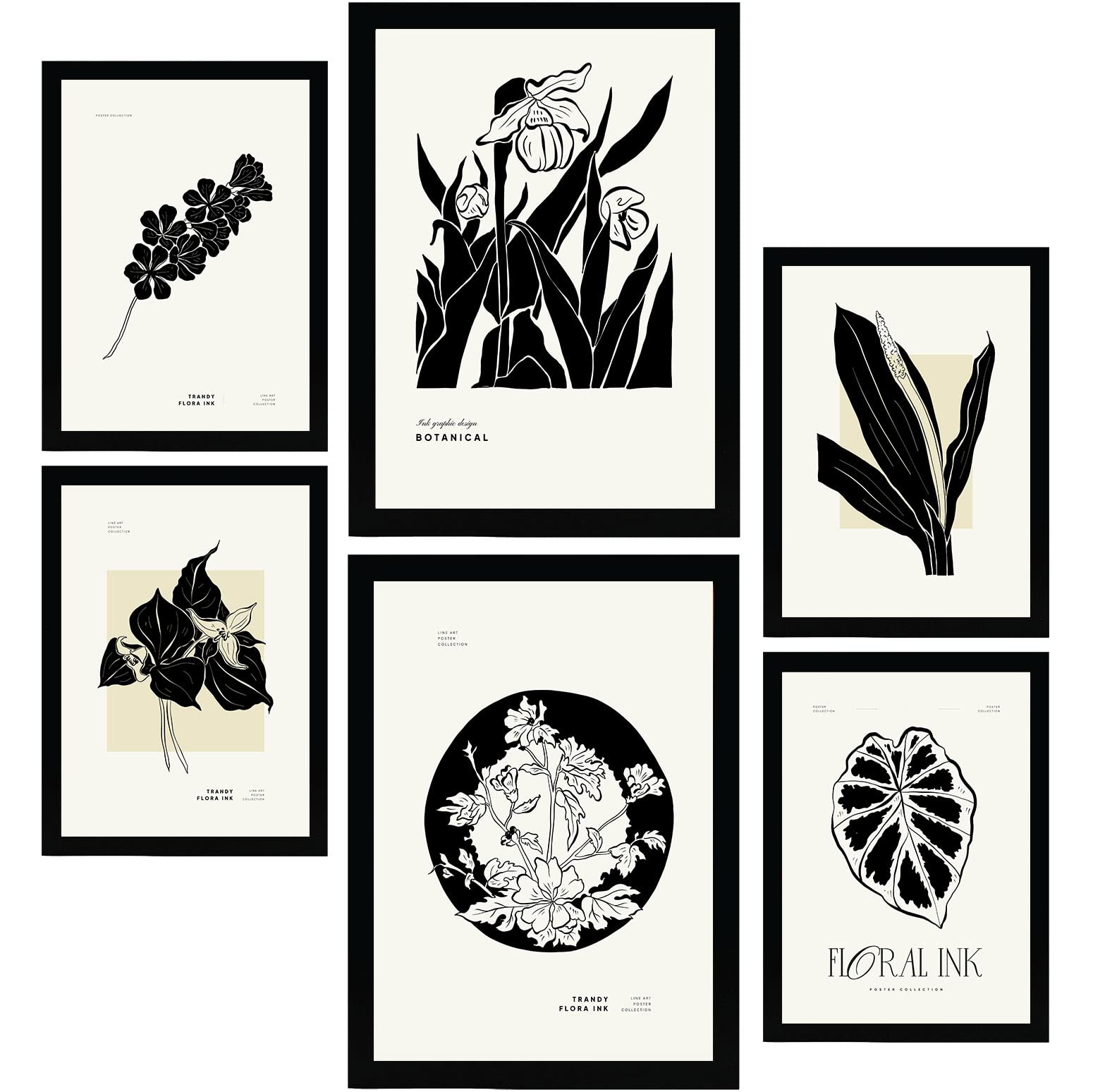 Nacnic Set of 6 Thick Black Ink Posters. Tropical Inks. Artistic Sketch Aesthetic Wall Art Prints for Interior Design and Decoration. Sizes A3 & A4. Unframed.