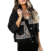 Womens Cropped Leopard Denim Jacket Button Down Distressed Jean Coat Washed Long Sleeve Ripped Cheetah Jacket