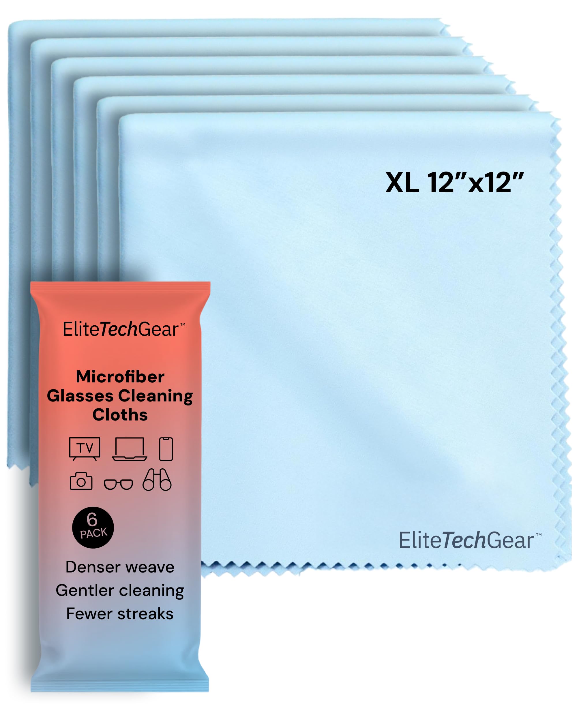Elite Screens Microfiber Cleaning Cloths - 6-Pack, 6"Ã—7" & 12"Ã—12", Light Blue - Streak-Free Glasses Wipes - Travel-Ready Eyeglass Cleaning Wipes - Oversized Reusable Lens Care Cloths
