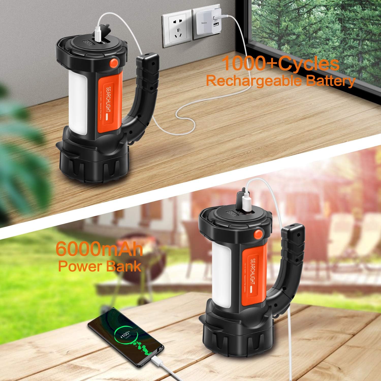 Rechargeable Spotlight, Super Bright 6000 Lumen Handheld Spotlight LED Flashlight 6000mAh Long Lasting Large Flashlight for Camping Hunting Hiking Fishing - - 