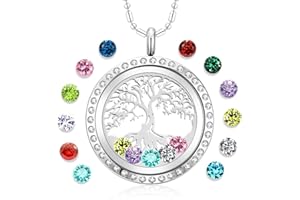 AZNECK Family Tree of Life Floating Charm Locket Necklace for Women with Birthstones Living Memory Pendant DIY Stainless Steel Jewelry Mothers Gifts