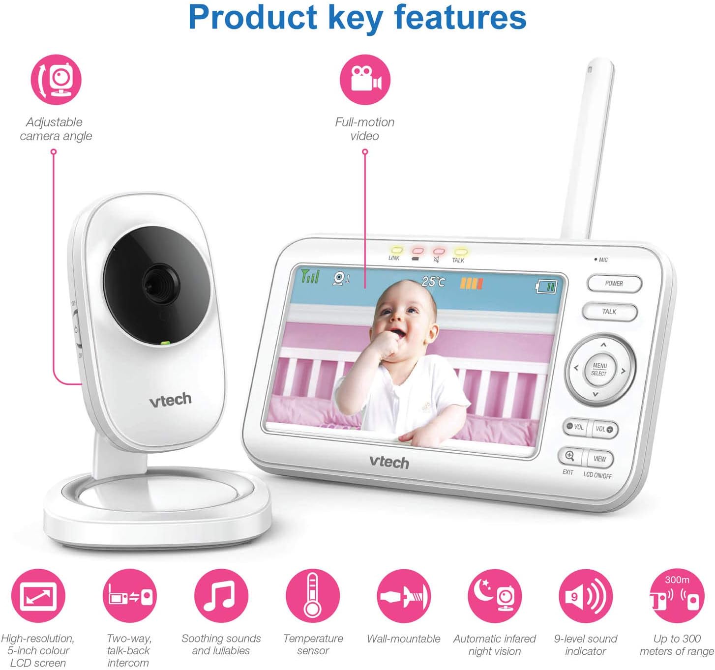 VTech LM808-1W Baby Monitor with Camera,300m Long Range, Auto Night Vision, Video Baby Monitor with 5" Screen - Image 3