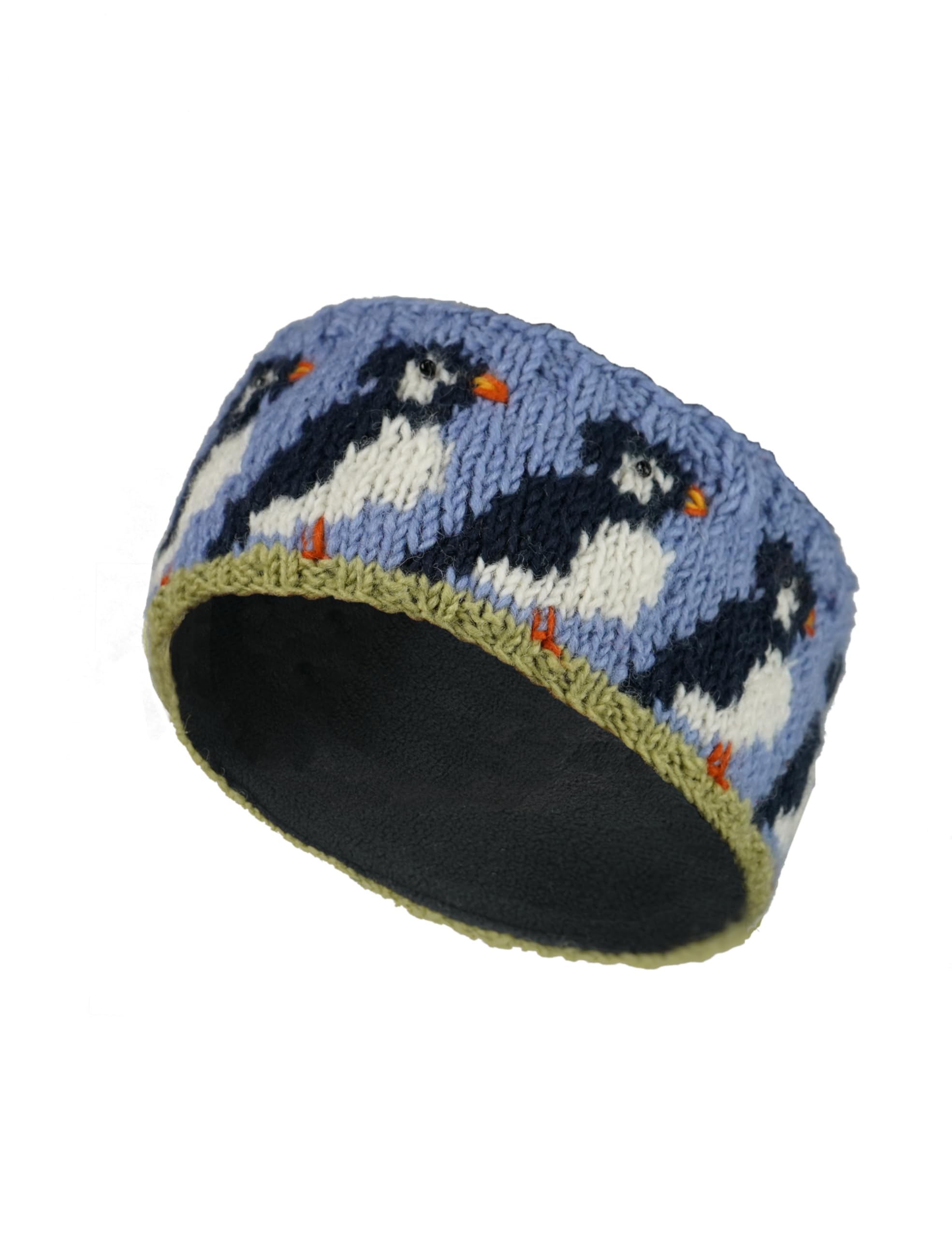 Pachamama Women Wool Ear Warmer Headband Fleece Lined Handknitted Puffin Multicoloured One-Size Handmade Fair Trade