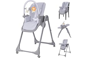 Ezebaby Baby High Chair, Foldable High Chairs with Adjustable Height and Recline, 2-in-1 Convertible to Dining Booster Seat, Portable High Chair for Toddlers with 4 Wheels and Toy Rack - Grey