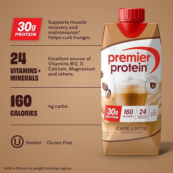 PREMIER PROTEIN SHAKE, CAFÉ LATTE, 30G PROTEIN, NO ADDED SUGAR, 24 VITAMINS & MINERALS TO SUPPORT IMMUNE HEALTH, 11 FL OZ, 12 PACK (PACKAGING MAY VARY)
