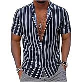 WDIRARA Men's Striped Button Down Shirt Casual Short Sleeve Collar Top