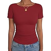 GKBK Women's Boat Neck Tops Ribbed Short Sleeve T-Shirts Slim Fitted Tight Y2k Basic Tee Spring Clothes 2026 Summer Trendy