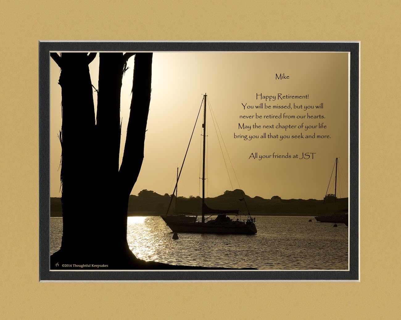 Personalized Appreciation Retirement Gift for Coworker or Employee. Boat At Dusk Photo with "You Will Be Missed, but You Will Never Be Retired From Our Hearts." Poem, 8x10 Double Matted.