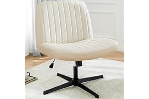DUMOS Cross Legged Armless Wide Wheels, Modern Home Office Desk Swivel Adjustable Leather Vanity Chair, Cream