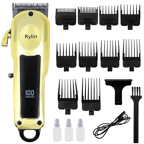 Rylin Cordless Hair Clipper Set Rechargeable Cordless Clipper Type-C USB Professional Hair Trimmer Haircut LED Display Low Noise 5 Gear Adjust Pitch & 10x Guide Combs for Man Home Barber Salon (Gold)
