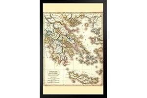 Ancient Greece Antique Style Map Travel World Map with Cities in Detail Map Posters for Wall Map Art Wall Decor Geographical Illustration Travel Destinations Black Wood Framed Art Poster 14x20