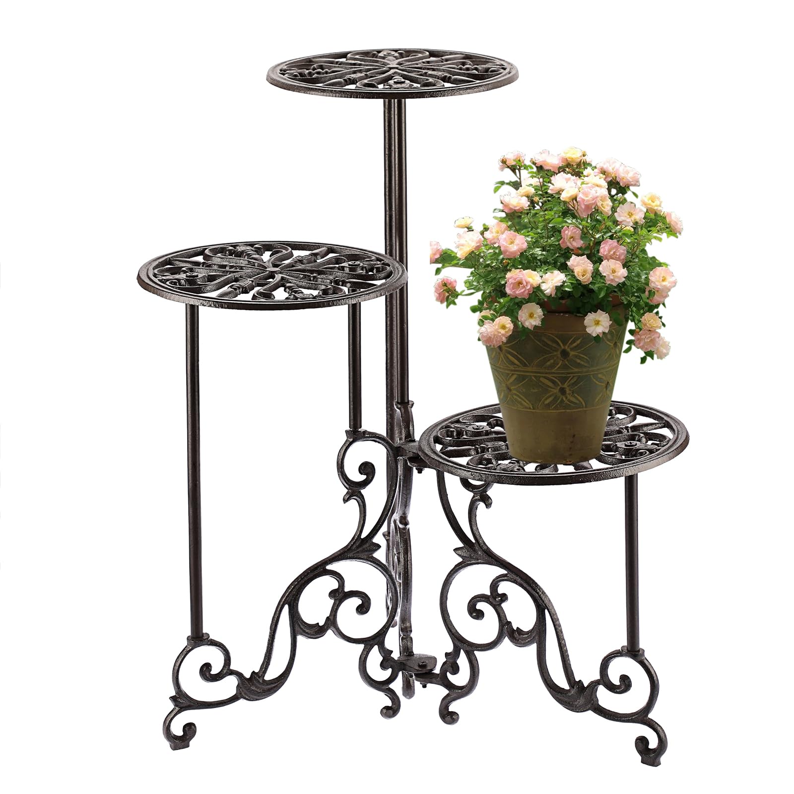 Photo 1 of ***PARTS ONLY***OwnMy 3 Tier Heavy Duty Cast Iron Plant Stand Foldable Wrought Iron Flower Pot Holder, Indoor & Outdoor Tall Plant Stand for Garden Patio, Decorative Round Metal Plant Display Rack