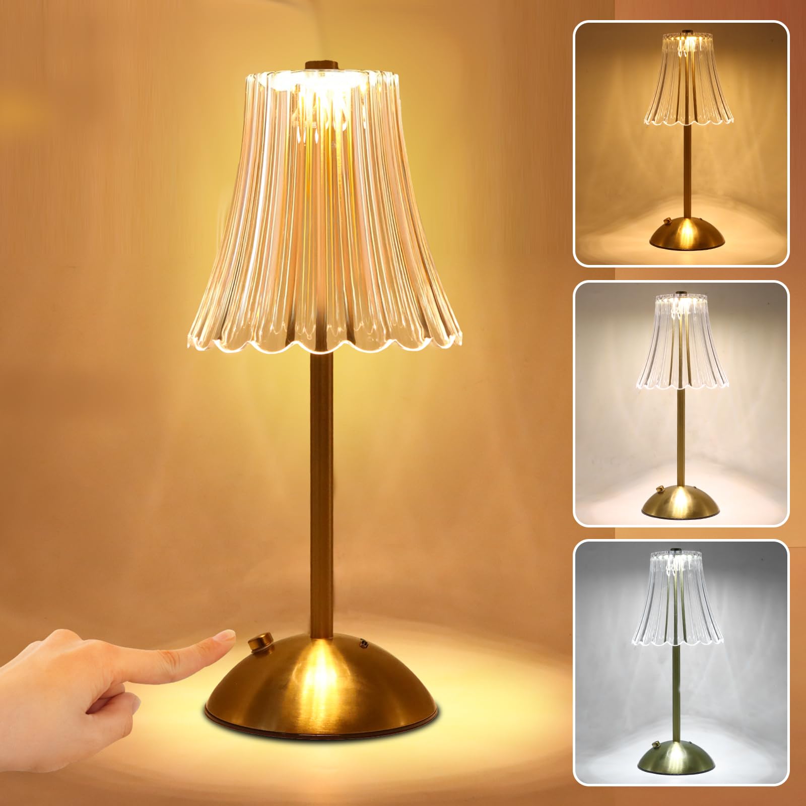 Amingulry Cordless Table Lamp, 4000mAh Rechargeable Battery Operated Lamp, 3 Color Modes & Stepless Dimmable LED Touch Lamp, Portable Retro Metal Beside Lamps For Home Desk Bedroom Restaurant(Black