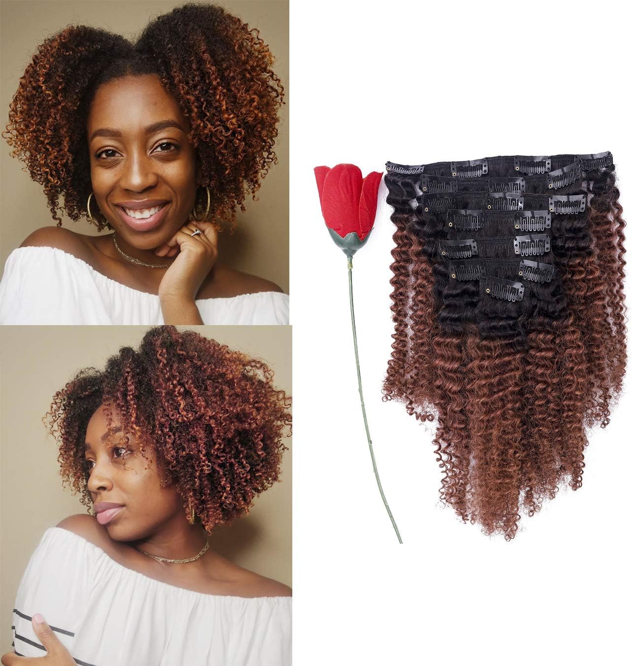 Natural Hair Clip In Hair Extensions Afro Kinky Curly Clip In Human Hair Extensions 4B 4C Kinky Curly Clip In Double Weft Clip Ins Hair Extensions Human Hair For Black Women Ombre Brown # 1b/33 12Inch