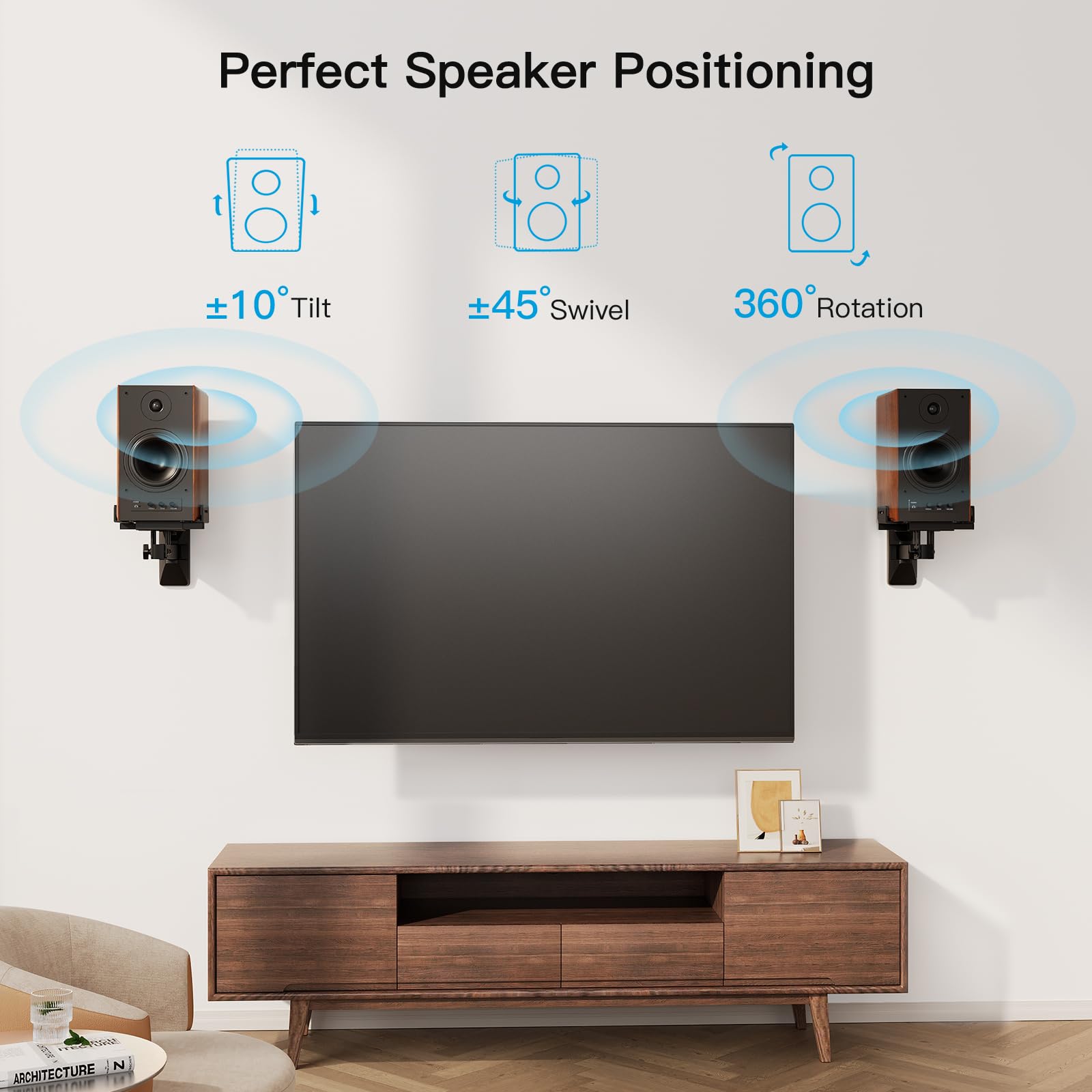Pipishell Speaker Wall Mounts, Dual Side Clamping Bookshelf Speaker Mounting Bracket, Speaker Mounts for Surround Sound, Bookshelf Speakers up to 50 lbs, 1 Pair