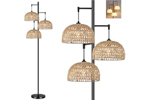 QIYIZM Floor Lamp for Living Room,Bedroom,3-Lights Boho Rattan Floor Lamps,Tree Farmhouse Industrial Black Standing Lamp Wicker Rustic Tall Lamp,Woven Bamboo LampShade Floor Light Bohemian