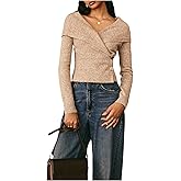 SweatyRocks Women's Wrap V Neck Long Sleeve Sweater Dressy Metallic Button Knitted Pullover Tops