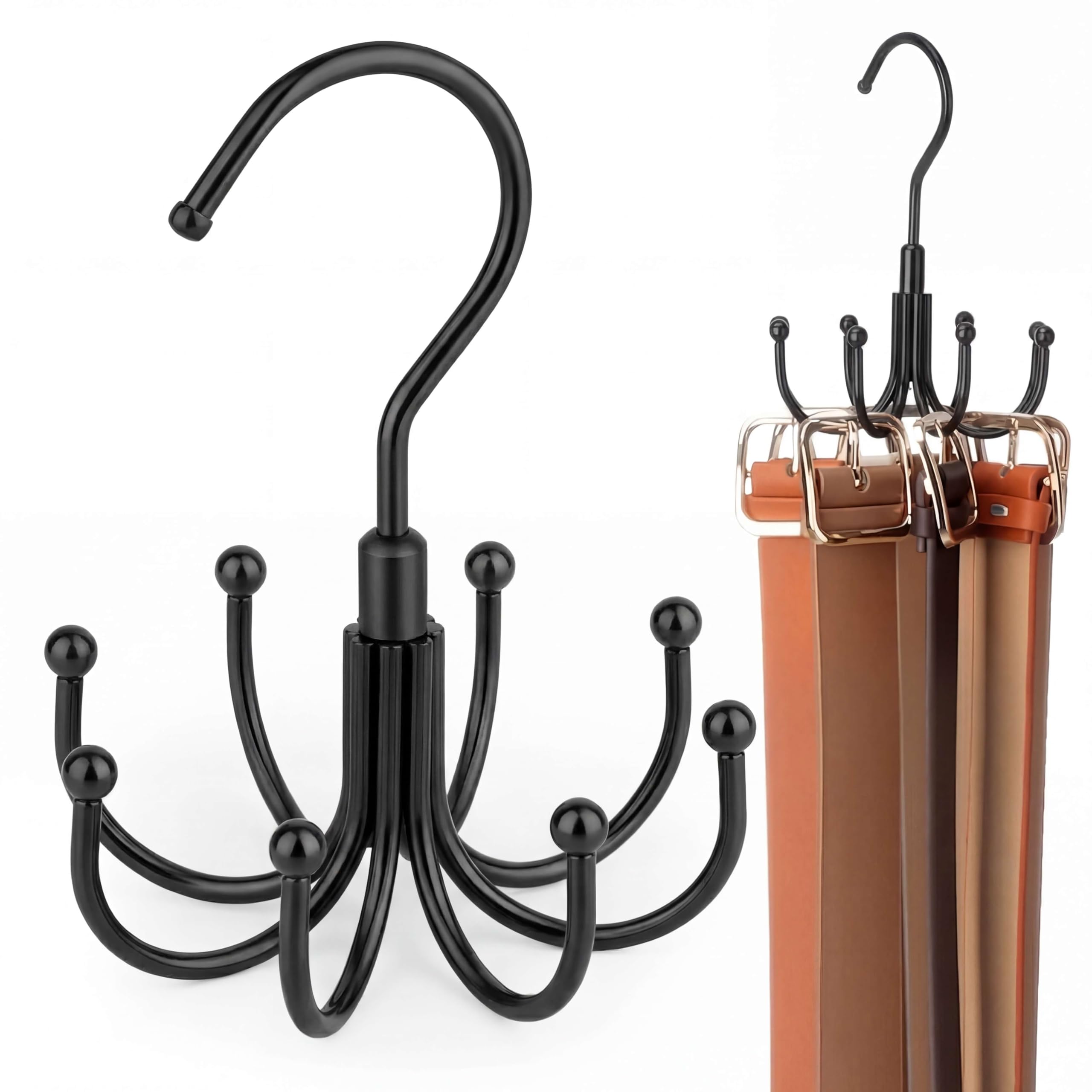 Photo 1 of ZEDODIER Belt Organizer for Closet, Heavy-Duty Rotating Belt Hanger Rack Holds up to 24 Belts, Hanging Space Saving Metal Belt Holder for Closet Storage, Black