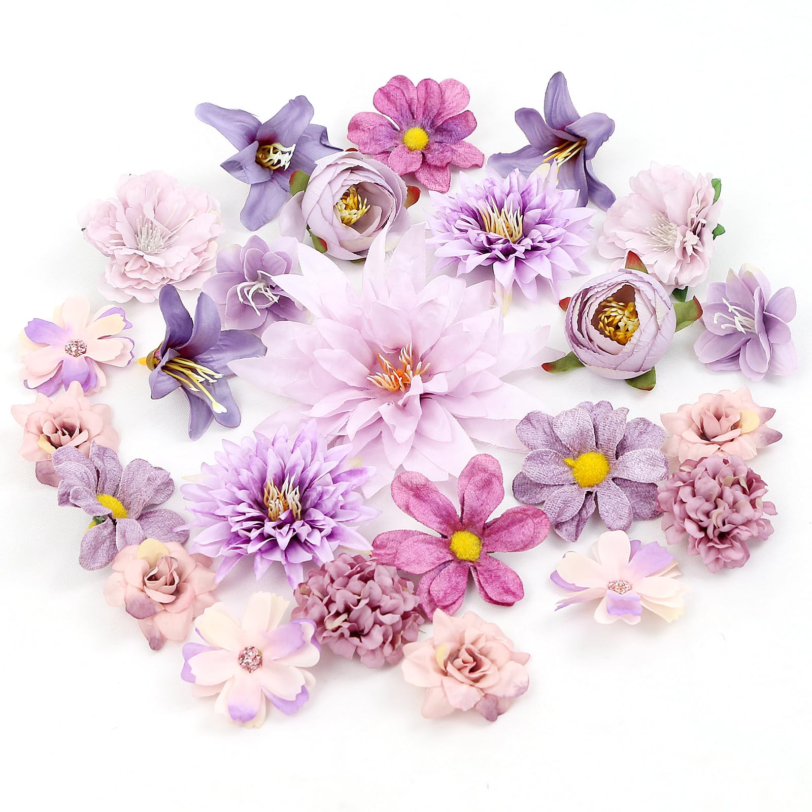 LARDUX 24 PCS Artificial Flower Heads-Craft Fake flower Decoration Mini Silk Purple Flower Heads Bulk Mix for DIY Wedding Party Hair Accessory Scrapbooking Home Decor — image 1