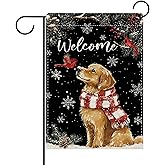 Dyrenson Welcome Christmas Golden Retriever Dog Decorative Garden Flag, Black Xmas Cardinal Yard Outside Home Decoration Pet Owner Lover Gift, Winter Holiday Outdoor Small Decor Double Sided 12x18