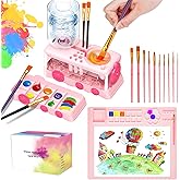Velachuan Paint Brush Cleaning Kit for Kids with 5 Brushes, Art Smock, Washable Mat, Guidebook, Spiral Brush Cleaner Jar for Watercolor(Pink)