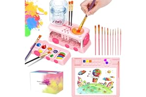 GENERIC Velachuan Paint Brush Cleaning Kit for Kids with 5 Brushes, Art Smock, Washable Mat, Guidebook, Spiral Brush Cleaner Jar for Watercolor (Pink)