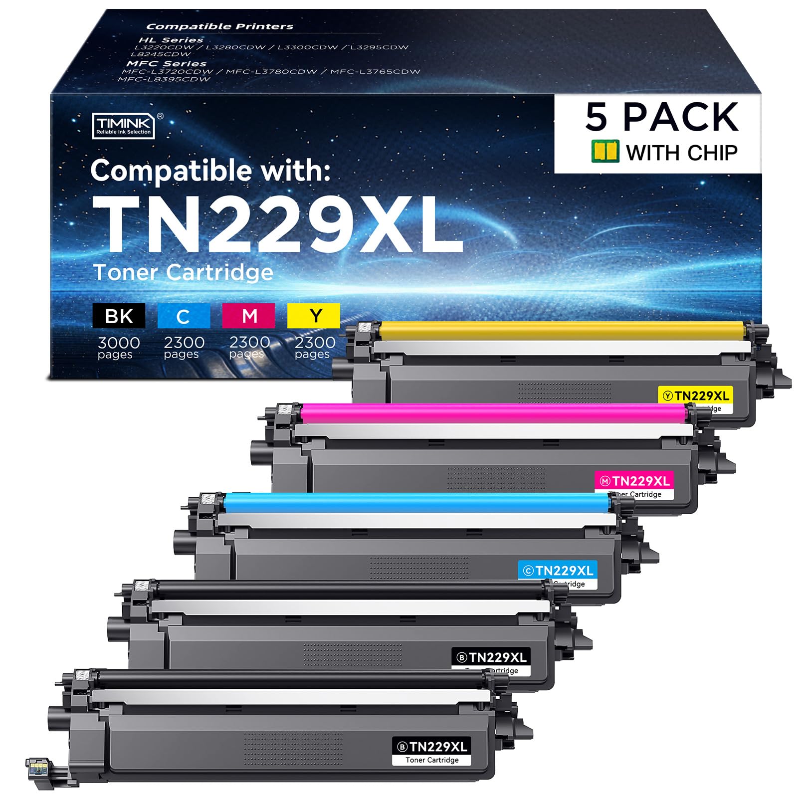 Photo 1 of Compatible TN229XL Toner Cartridges Replacement for Brother TN229 TN229XL TN-229XL to use with MFC-L3720CDW MFC-L3780CDW HL-L3220CDW HL-L3280CDW HL-L3300CDW Printer (BK/C/M/Y-5 Pack)